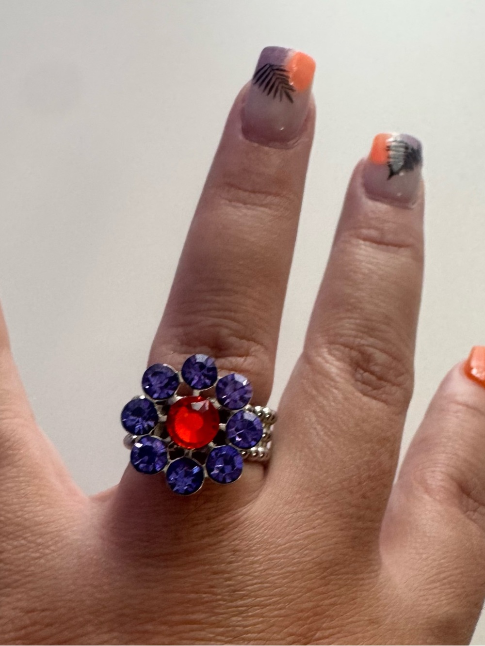 Statement Flower Cocktail Ring with Red Center and Purple Petals